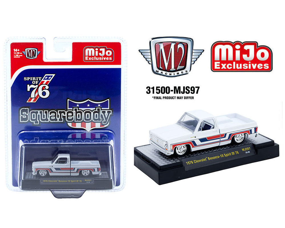 M2 Machines 1:64 1976 Chevrolet Silverado Bonanza-10 SPIRIT OF 76 Squarebody USA Special Edition – White