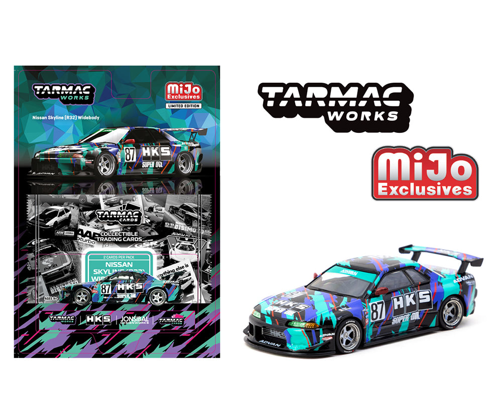 Tarmac Works 1:64 Nissan Skyline (R32) Widebody Jonsibal Designworks & HKS with Card Pack – Blue, Green, Black