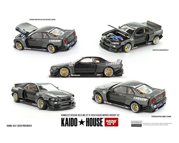Kaido House x Mini GT 1:64 Nissan Skyline GT-R (R34) Kaido Works GReddy V2 – Black w/ Carbon